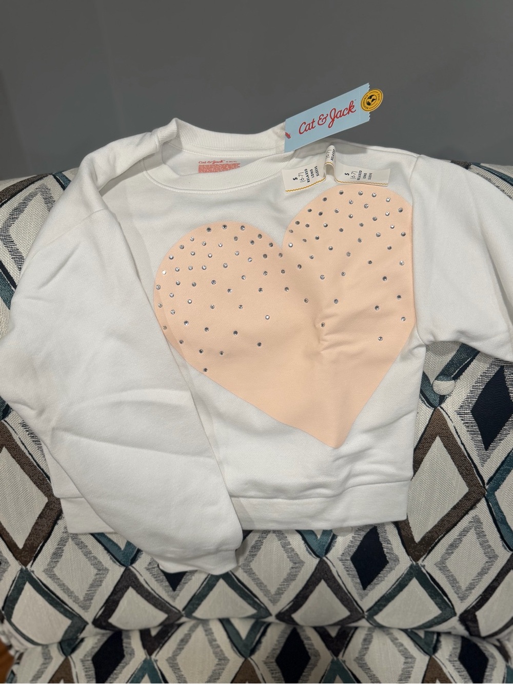 Cat & Jack White Sweatshirt with Peach Heart and Rhinestone Dots